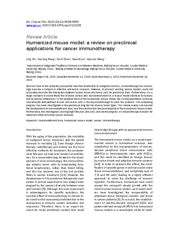 (PDF) Humanized mouse model: a review on preclinical applications for ...