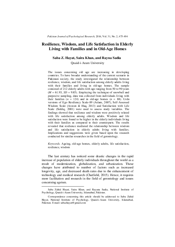 (PDF) Resilience, Wisdom, and Life Satisfaction in Elderly Living with ...