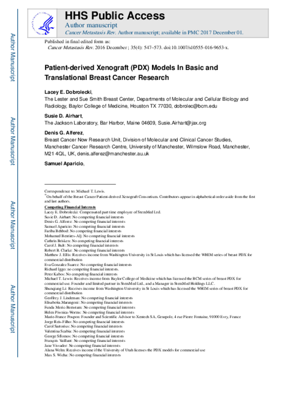 (PDF) Patient-derived xenograft (PDX) models in basic and translational ...