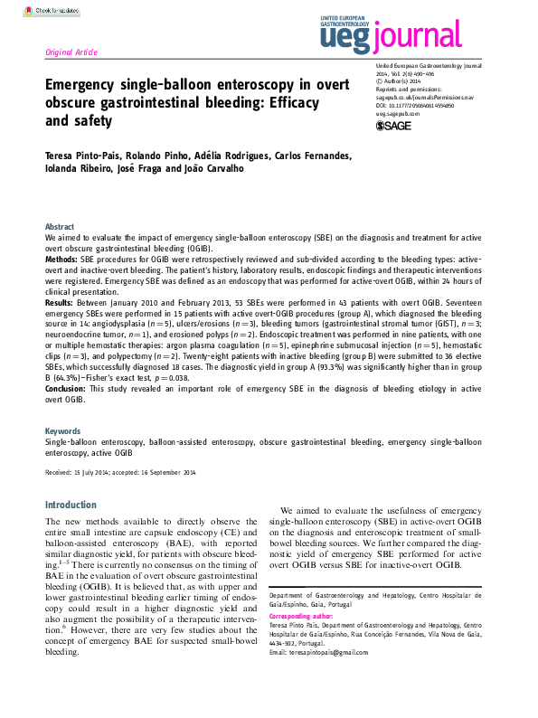 (PDF) Emergency single‐balloon enteroscopy in overt obscure ...