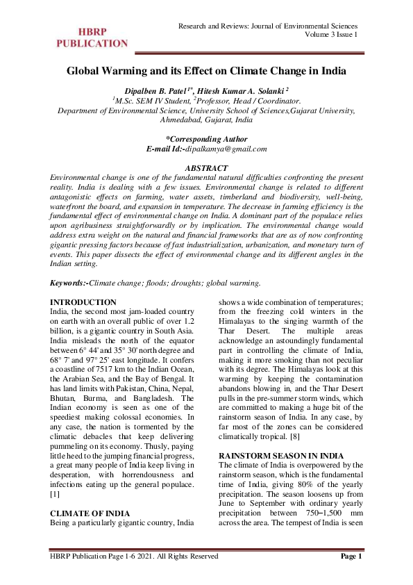 (PDF) Global Warming and its Effect on Climate Change in India