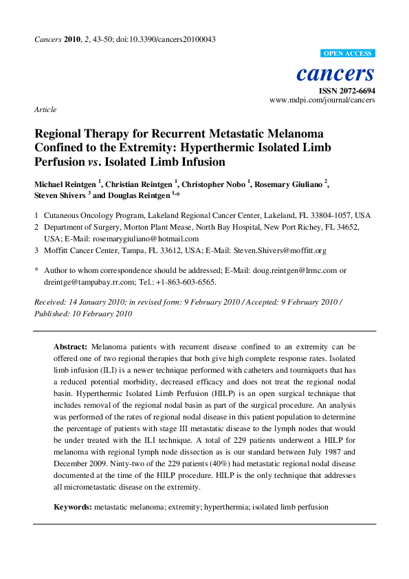 (PDF) Regional Therapy for Recurrent Metastatic Melanoma Confined to ...