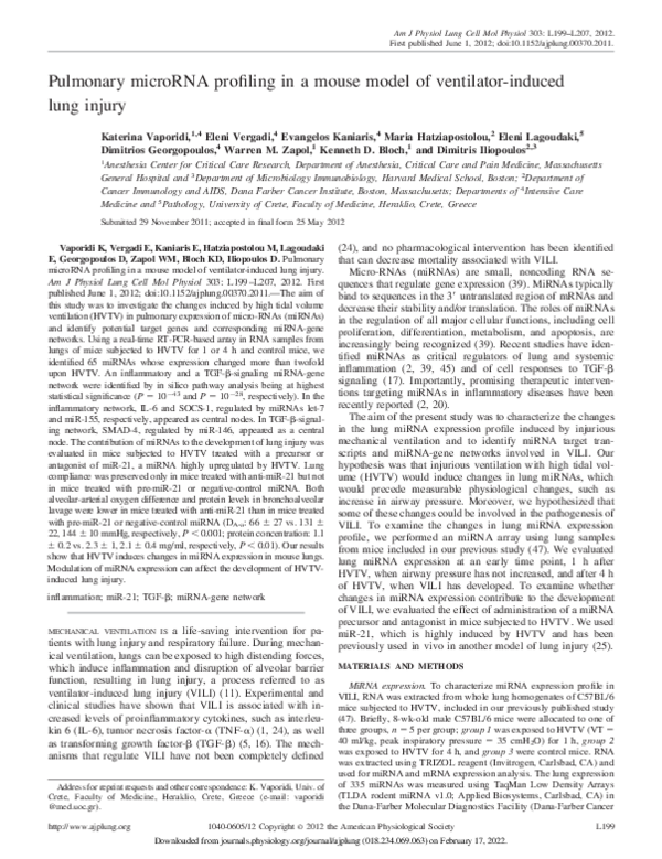 (PDF) Pulmonary microRNA profiling in a mouse model of ventilator ...