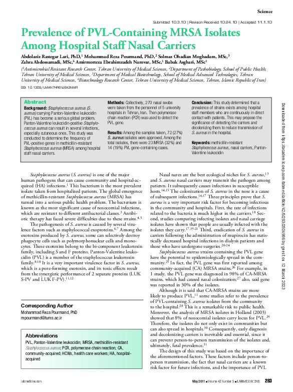 (PDF) Prevalence of PVL-Containing MRSA Isolates Among Hospital Staff ...