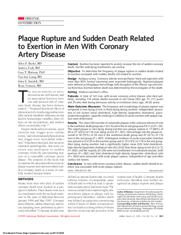 (PDF) Plaque Rupture and Sudden Death Related to Exertion in Men With ...