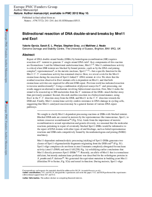 (PDF) Bidirectional resection of DNA double-strand breaks by Mre11 and Exo1
