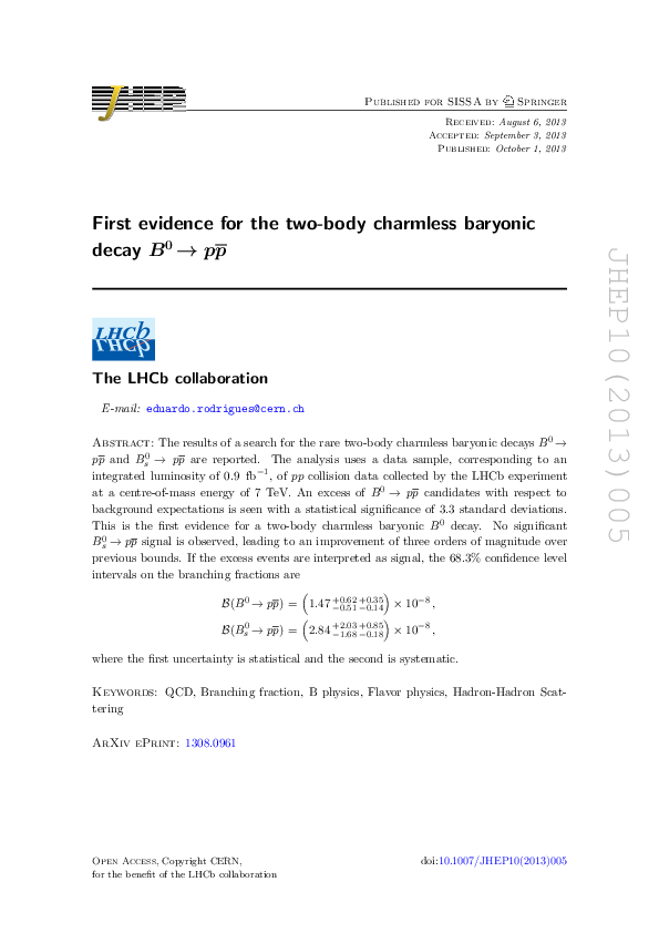 (PDF) First evidence for the two-body charmless baryonic decay $ {B^0 ...