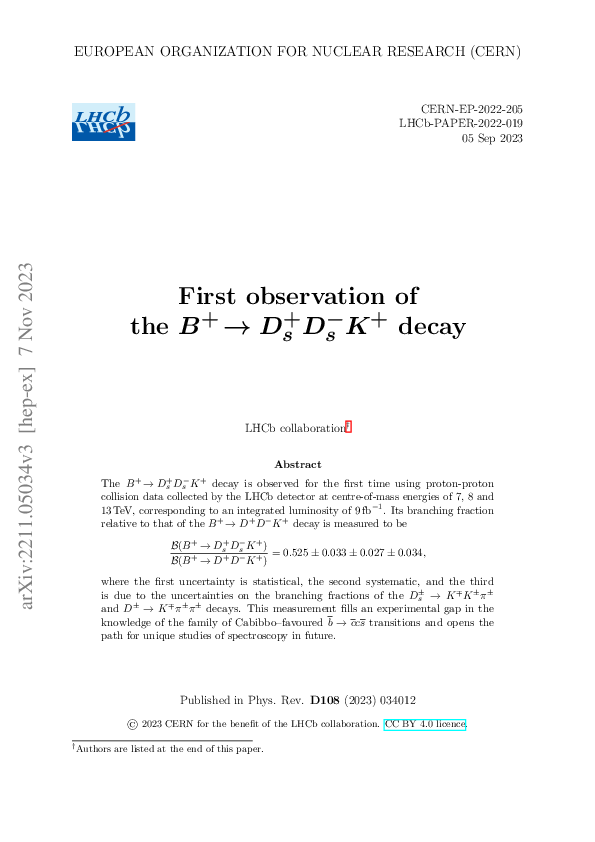 (PDF) First observation of the B+→Ds+Ds−K+ decay