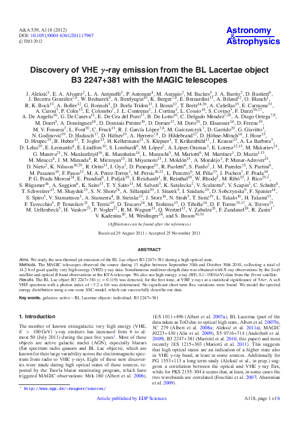 (PDF) Discovery of VHE γ -ray emission from the BL Lacertae object B3 ...