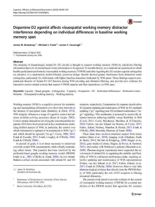 (PDF) Dopamine D2 agonist affects visuospatial working memory ...
