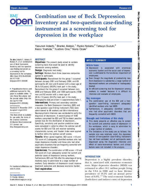 (PDF) Combination use of Beck Depression Inventory and two-question ...