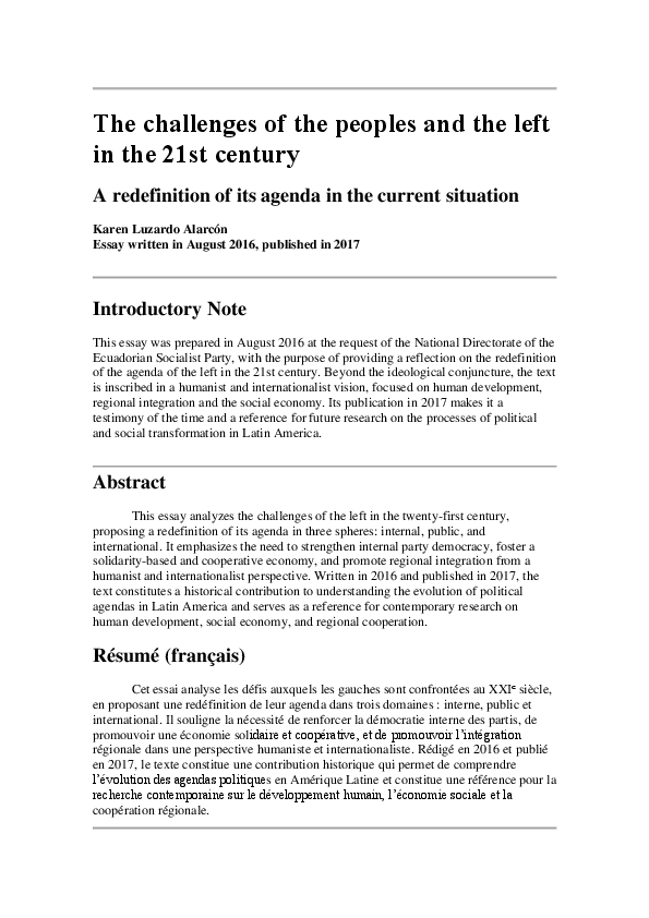 (PDF) The challenges of the peoples and the left in the 21st century A ...