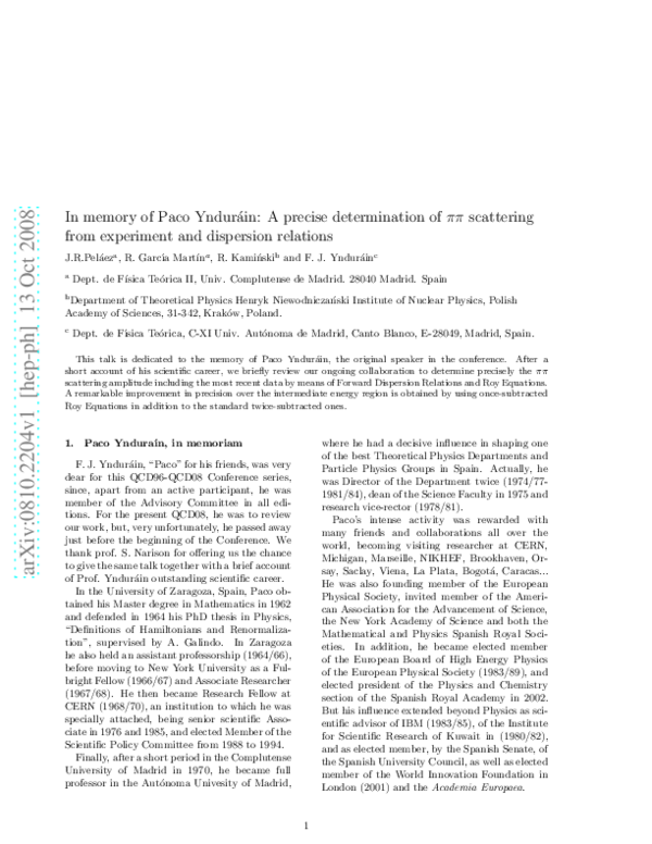 (PDF) In memory of Paco Ynduráin: A precise determination of ππ ...