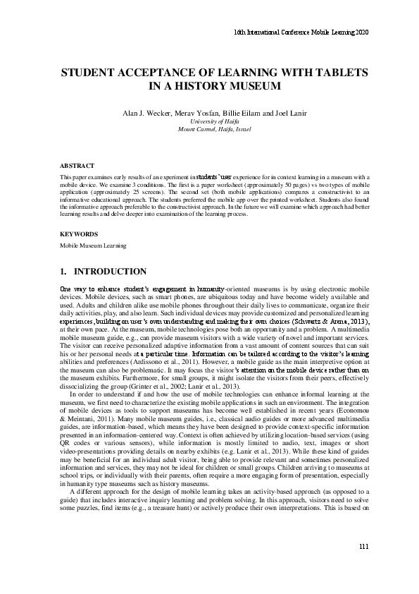 (PDF) Student Acceptance of Learning with Tablets in a History Museum