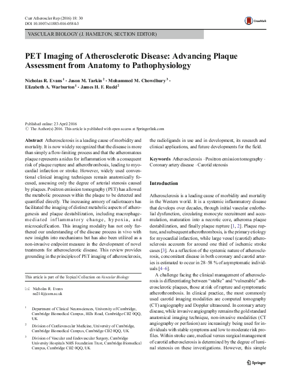 (PDF) PET Imaging of Atherosclerotic Disease: Advancing Plaque ...