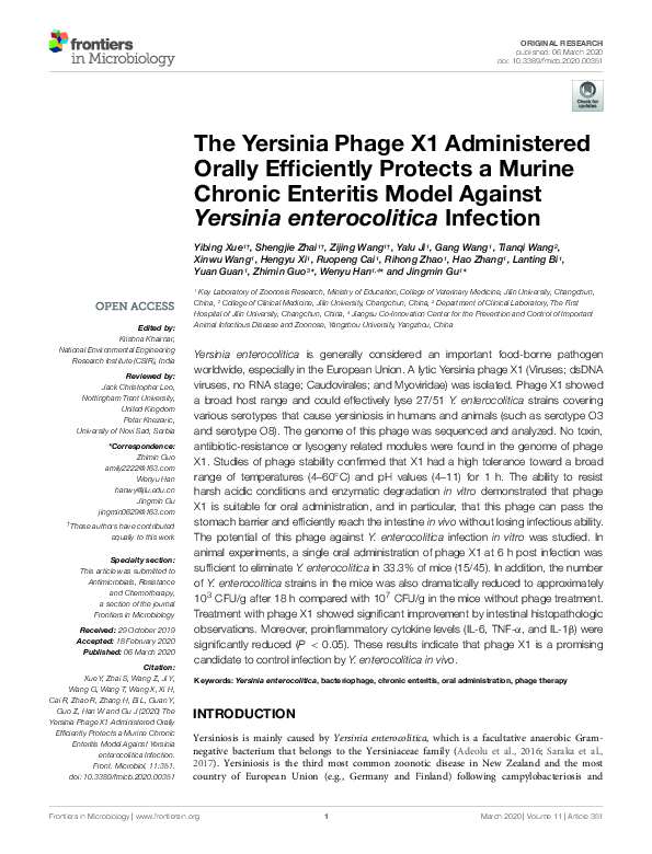 (PDF) The Yersinia Phage X1 Administered Orally Efficiently Protects a ...