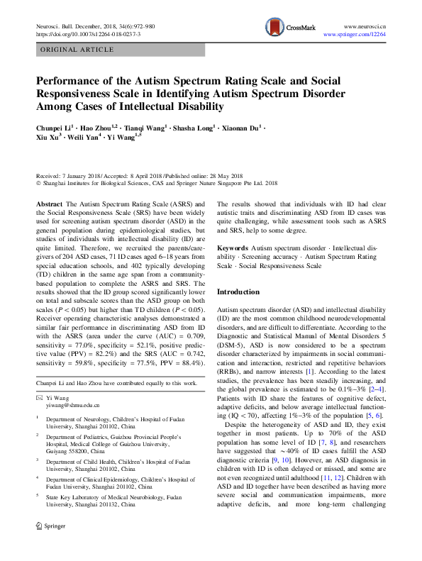 (PDF) Performance of the Autism Spectrum Rating Scale and Social ...
