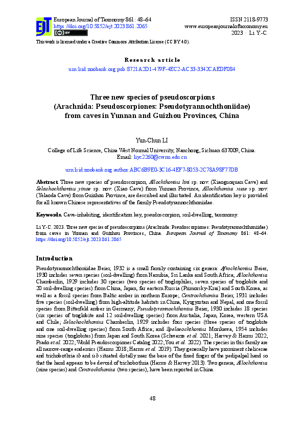 (PDF) Three new species of pseudoscorpions (Arachnida: Pseudoscorpiones ...