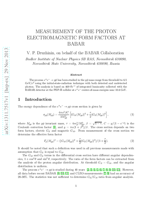 (PDF) Measurement of the Proton Electromagnetic Form Factors at Babar