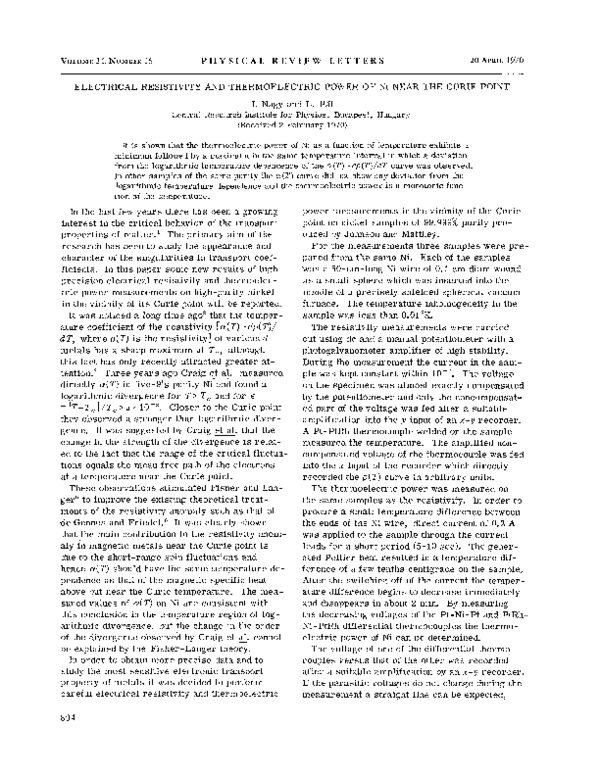 (PDF) Electrical Resistivity and Thermoelectric Power of Ni Near the ...