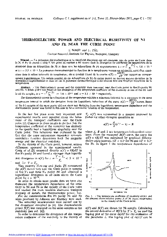 (PDF) Thermoelectric Power and Electrical Resistivity of Ni and Fe Near ...