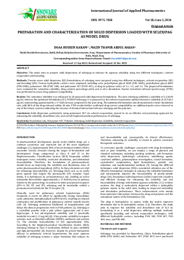 (PDF) PREPARATION AND CHARACTERIZATION OF SOLID DISPERSION LOADED WITH ...