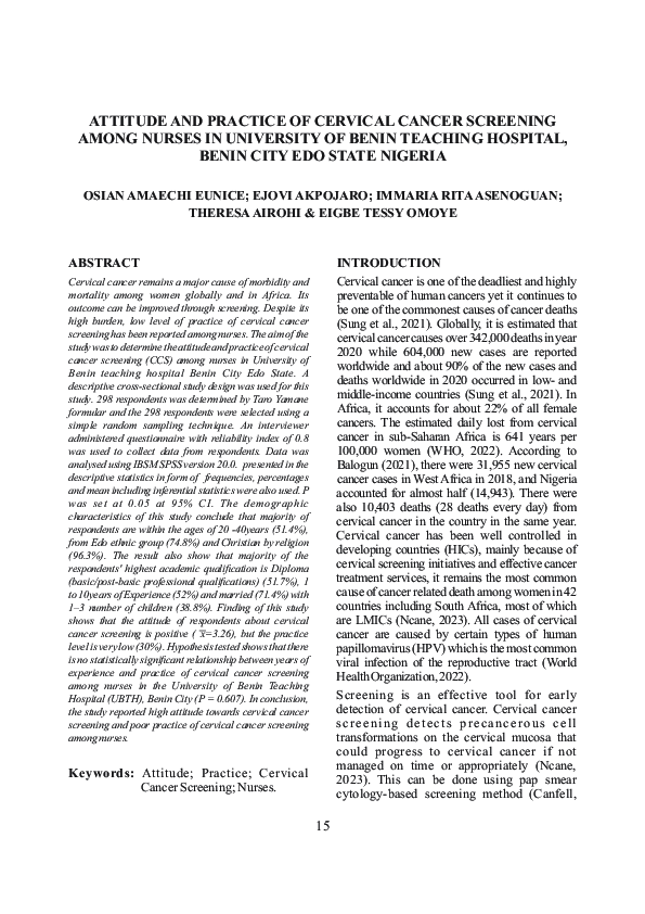 (PDF) Attitude and Practice of Cervical Cancer Screening among Nurses ...