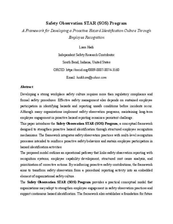 (PDF) Safety Observation STAR (SOS) Program A Framework for Developing ...