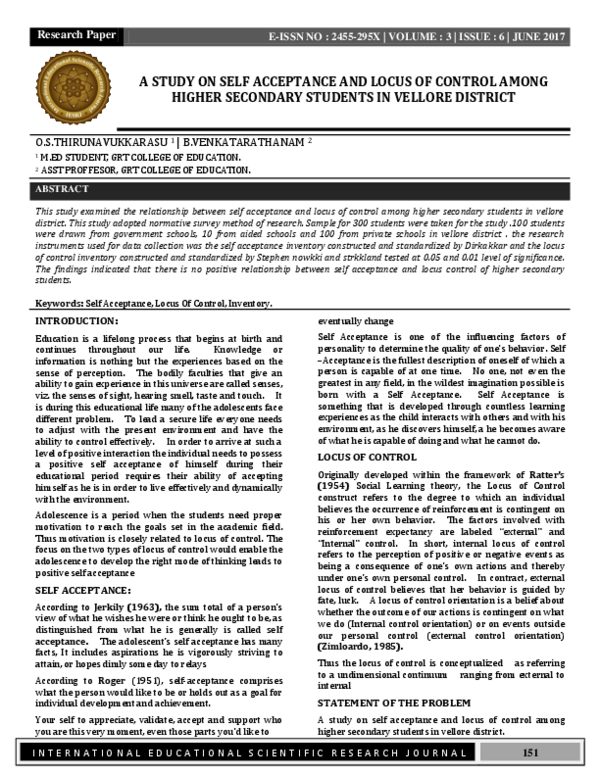 (PDF) A STUDY ON SELF ACCEPTANCE AND LOCUS OF CONTROL AMONG HIGHER ...