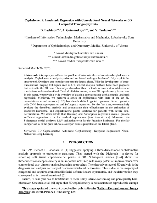 (PDF) Cephalometric Landmark Regression with Convolutional Neural ...