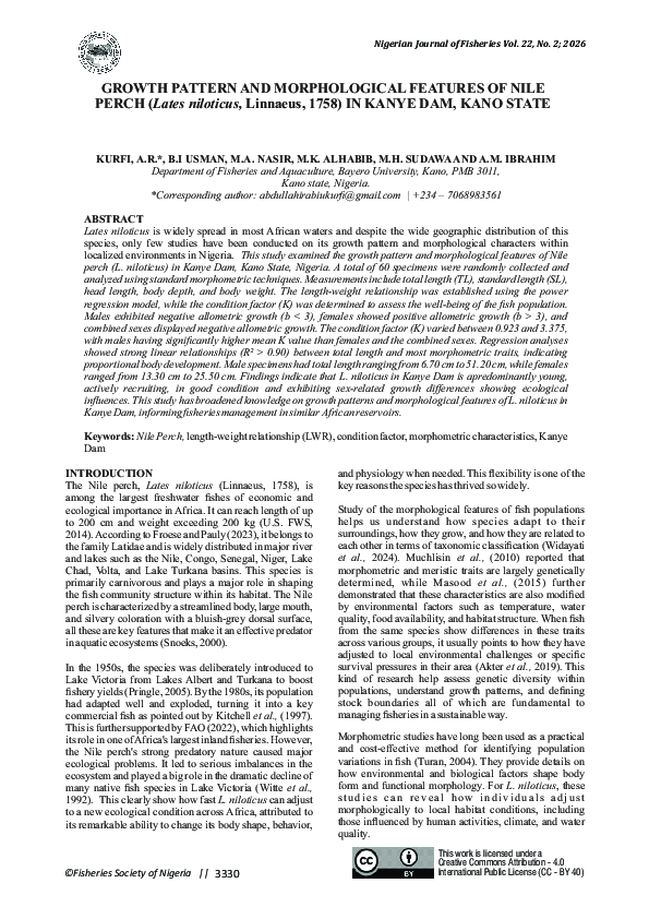 (PDF) GROWTH PATTERN AND MORPHOLOGICAL FEATURES OF NILE PERCH (Lates ...