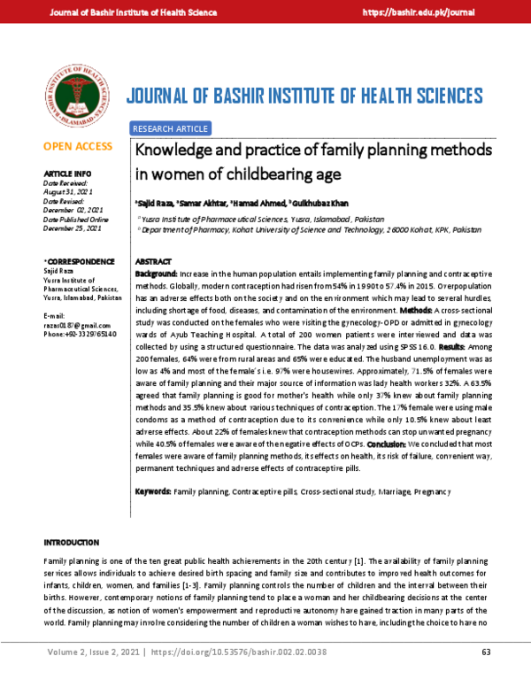 (PDF) Knowledge and practice of family planning methods in women of ...