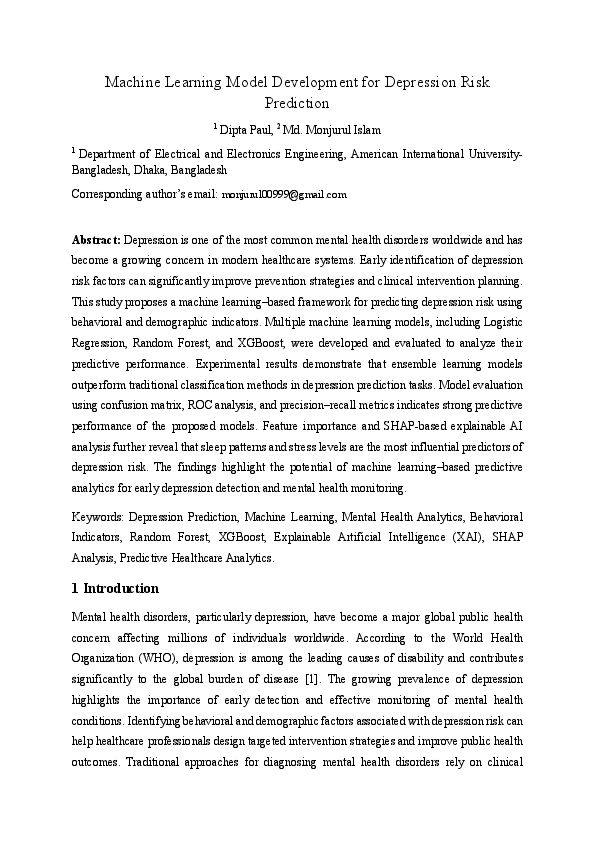 (PDF) Machine Learning Model Development for Depression Risk Prediction