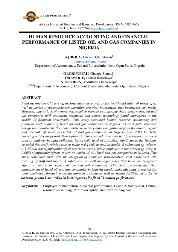 (PDF) HUMAN RESOURCE ACCOUNTING AND FINANCIAL PERFORMANCE OF LISTED OIL ...