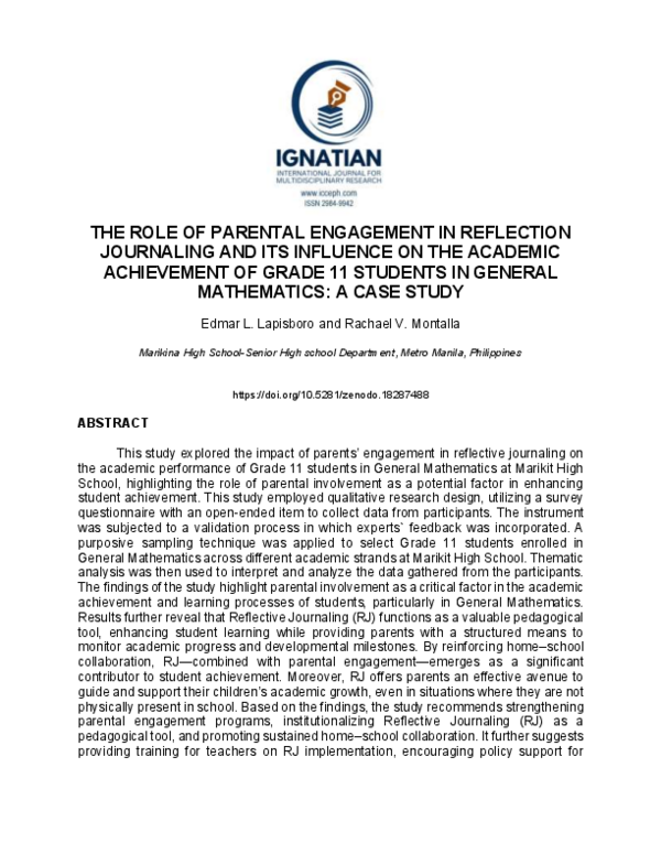 (PDF) THE ROLE OF PARENTAL ENGAGEMENT IN REFLECTION JOURNALING AND ITS ...