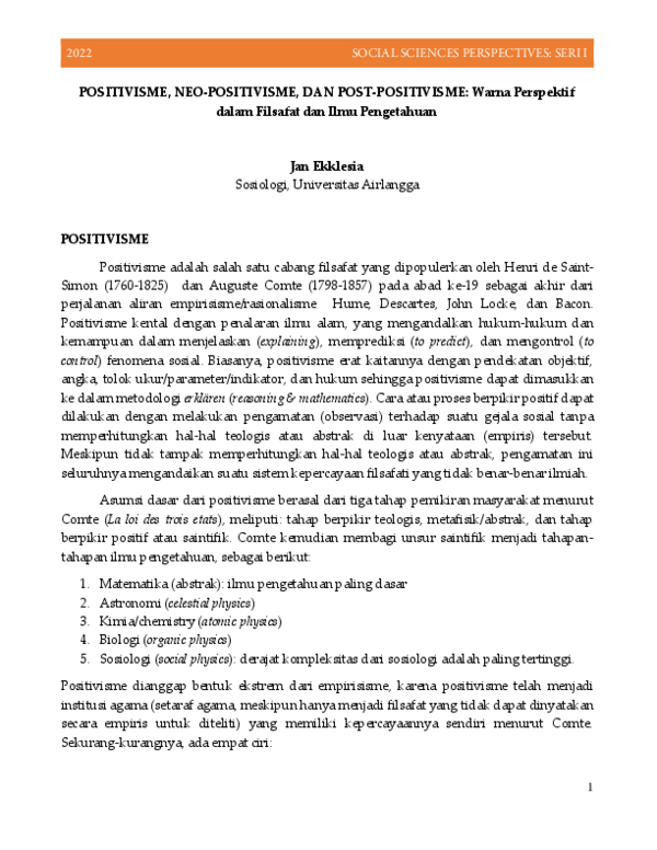 (PDF) SERI 1 - POSITIVISME, NEOPOSITIVISME, DAN POSTPOSITIVISME