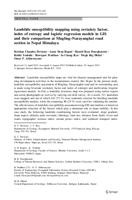 (PDF) Landslide susceptibility mapping using certainty factor, index of ...