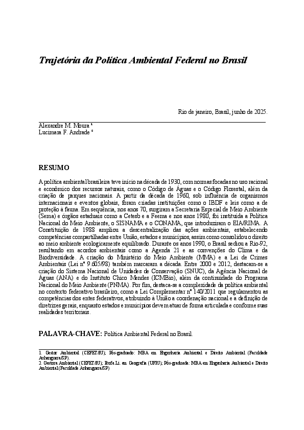 (PDF) Trajetória da Política Ambiental Federal no Brasil