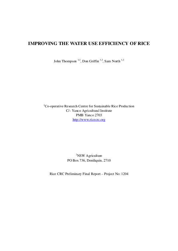 (PDF) Improving the Water Use Efficiency of Rice - Final Report