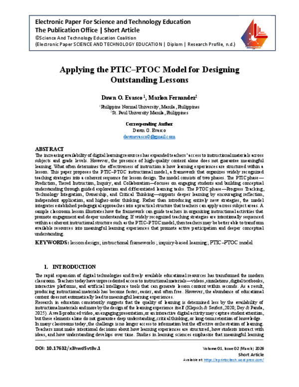 (PDF) Applying the PTIC–PTOC Model for Designing Outstanding Lessons