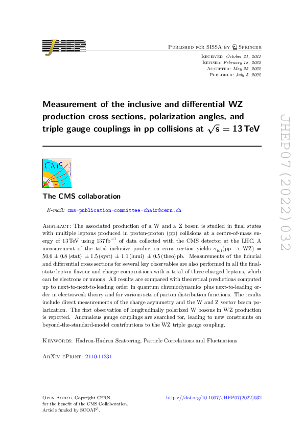 (PDF) Measurement of the inclusive and differential WZ production cross ...