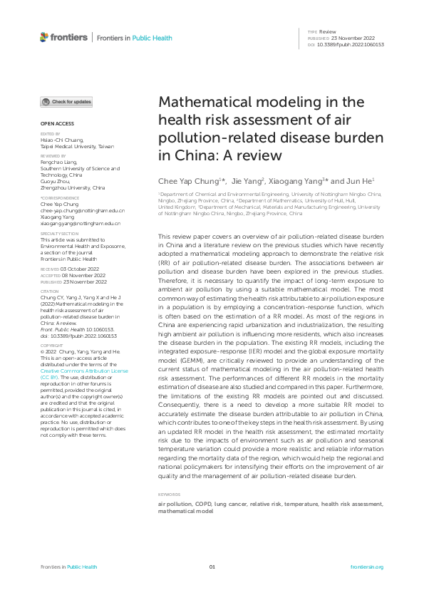 (PDF) Mathematical modeling in the health risk assessment of air ...