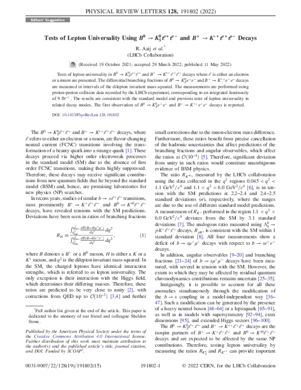 (PDF) Tests of Lepton Universality Using B 0 → K S