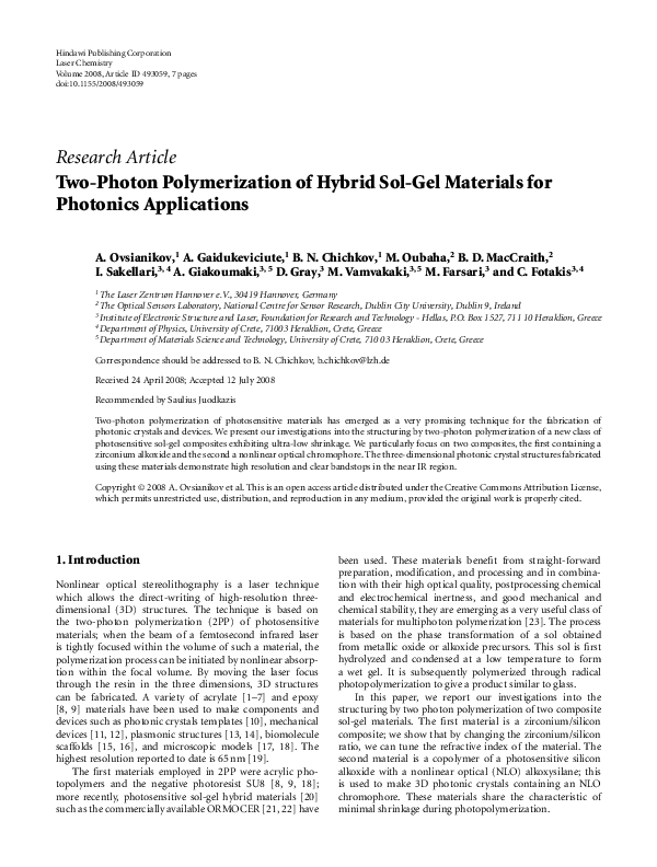 (PDF) Two-Photon Polymerization of Hybrid Sol-Gel Materials for ...