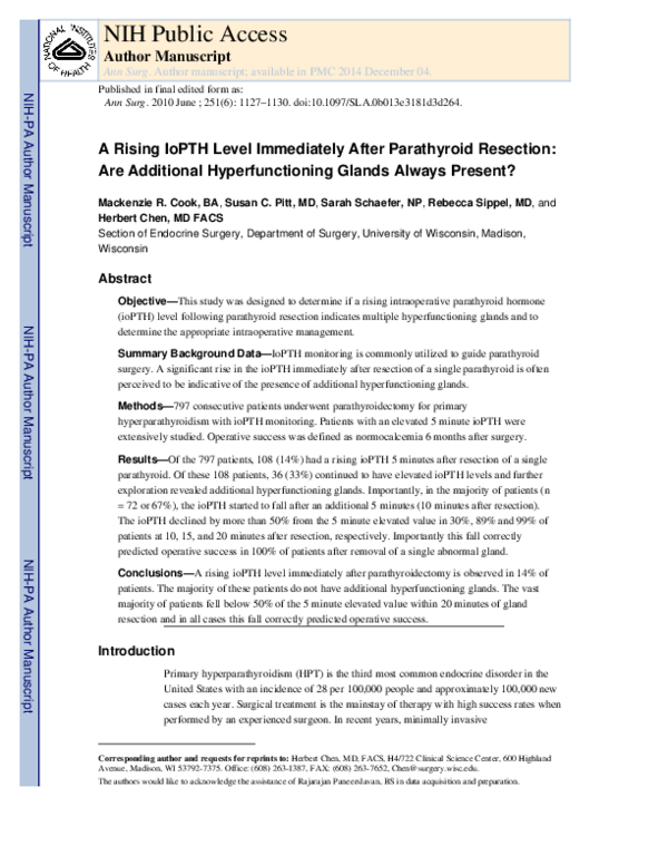 (PDF) A Rising ioPTH Level Immediately After Parathyroid Resection