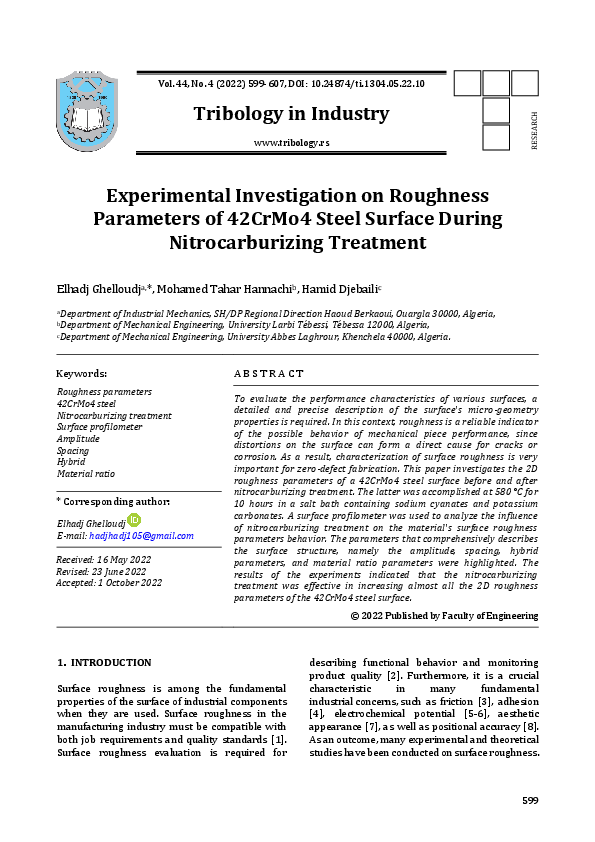 (PDF) Experimental Investigation on Roughness Parameters of 42CrMo4 ...
