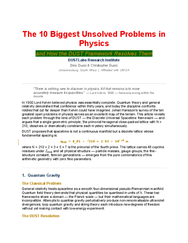 (PDF) The 10 Biggest Unsolved Problems in Physics and How the DUST ...