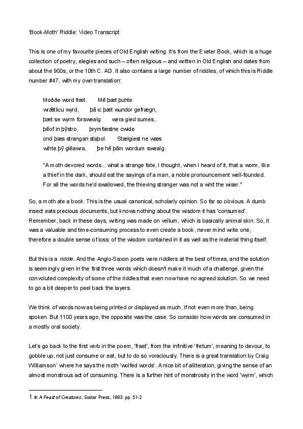 (PDF) Old English 'Bookworm' Riddle Analysis, Translation and Possible ...