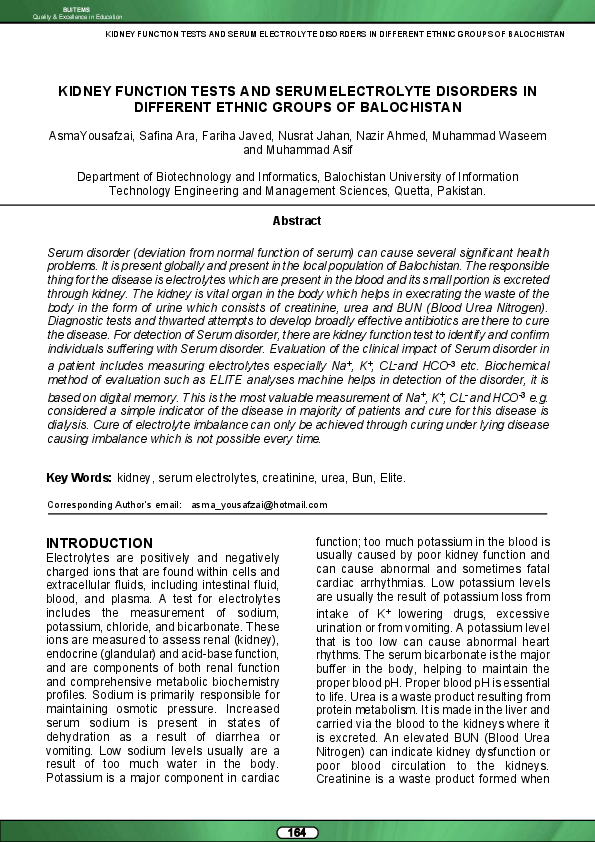 (PDF) Kidney Function Tests and Serum Electrolyte Disorders in ...