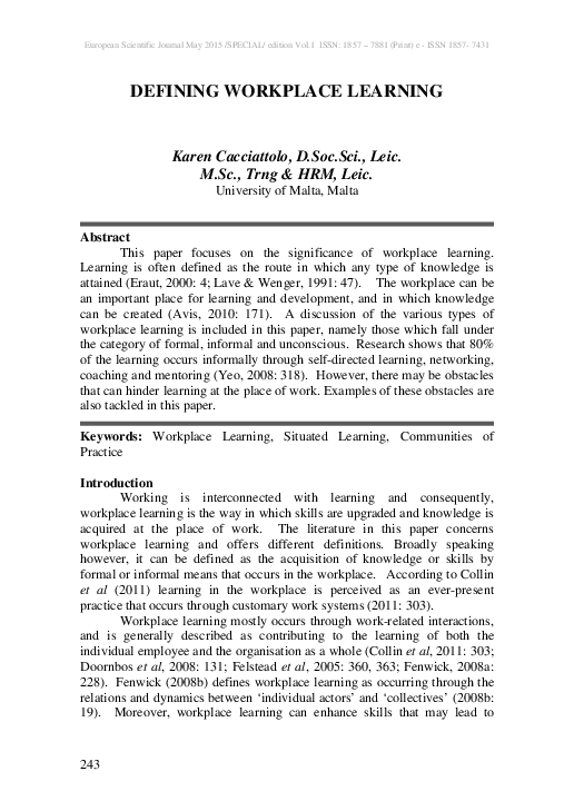 (PDF) Defining Workplace Learning